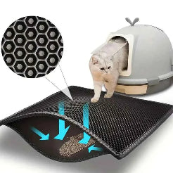 Cat litter mat with honeycomb pattern and cat entering a litter box