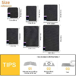 Size reference chart for black mats with dimensions and tips on dealing with folds.