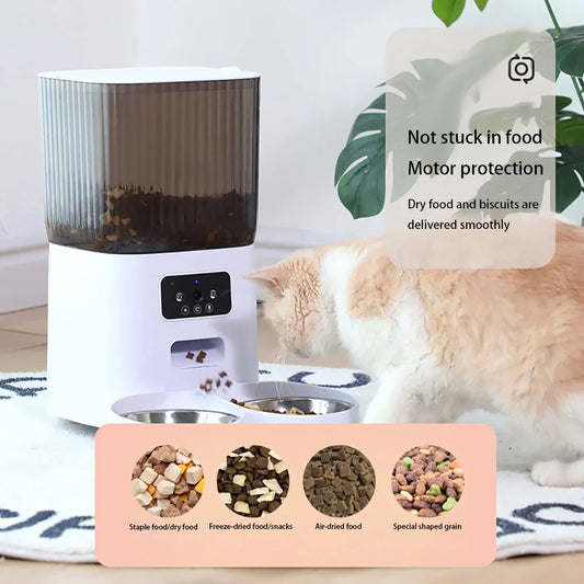Pet food dispenser with a cat eating and text about motor protection and food types.