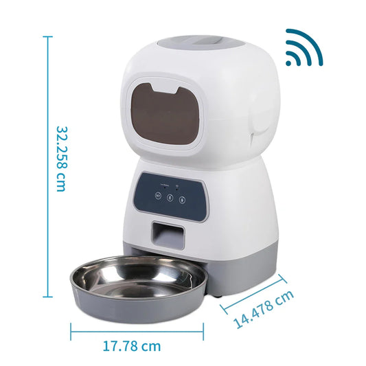 White and gray pet feeder with dimensions and a Wi-Fi symbol on a white background