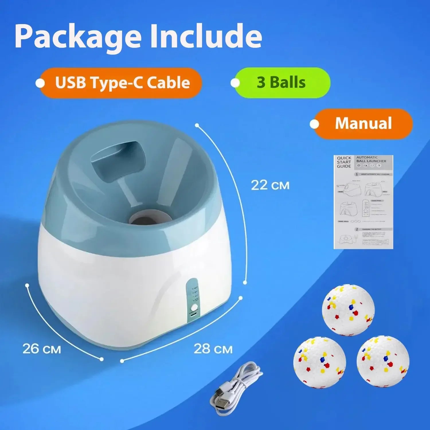 Product packaging with USB Type-C cable, 3 balls, and manual on a blue background