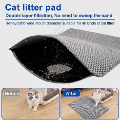 Cat litter mat with text highlighting its features and before/after usage on a light gray background.