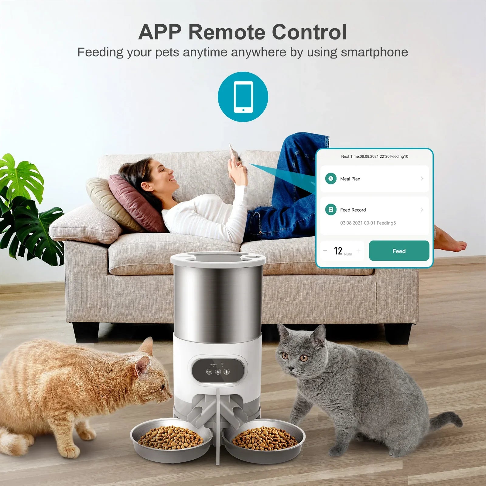 Pet feeder with cats eating and a woman using an app on her smartphone.