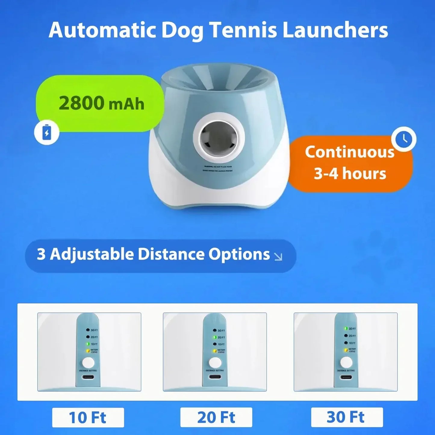 Automatic dog tennis launcher with battery capacity and distance options on a blue background