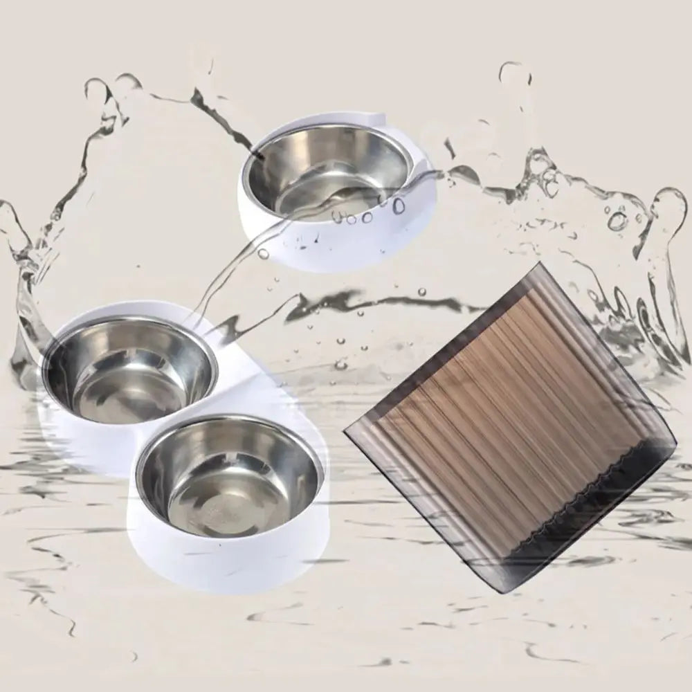 Two stainless steel pet bowls with a water filter on a marble background