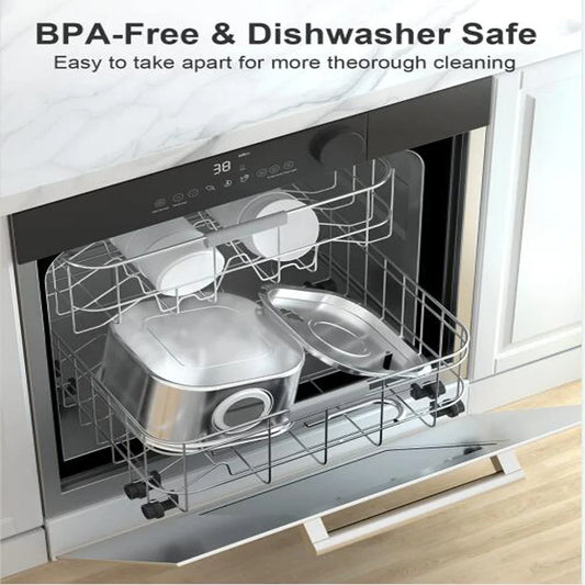 Dishwasher with open door showing clean dishes inside, labeled 'BPA-Free & Dishwasher Safe'.
