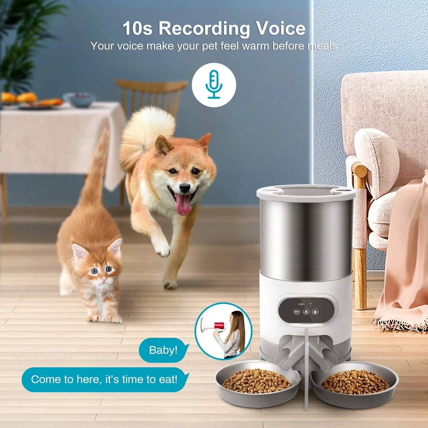 Pet feeding station with voice control feature in a home setting