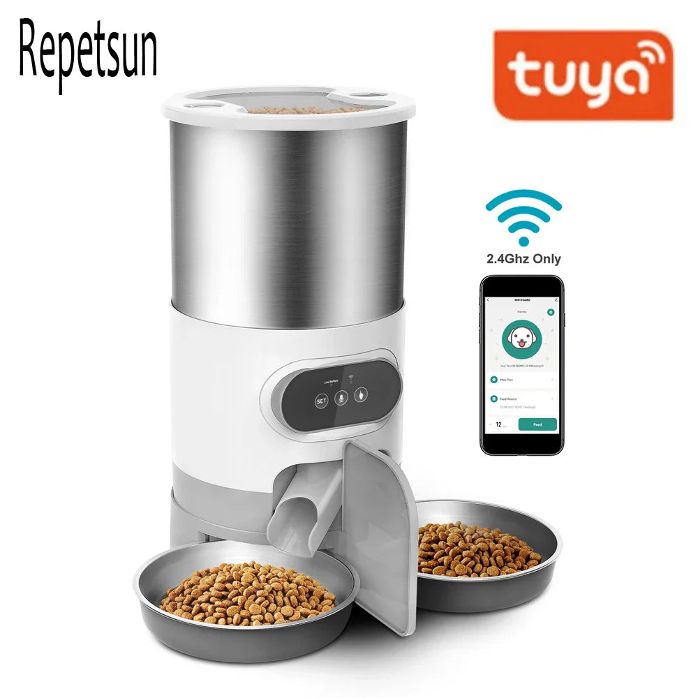 Smart pet feeder with two bowls of food, featuring Repetsun and Tuya logos on a white background.