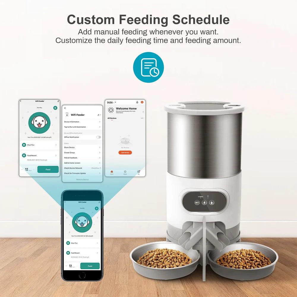 Automated pet feeder with smartphone app interface on a wooden floor.