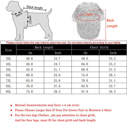 Dog coat size chart with measurements and instructions on how to select the correct size.