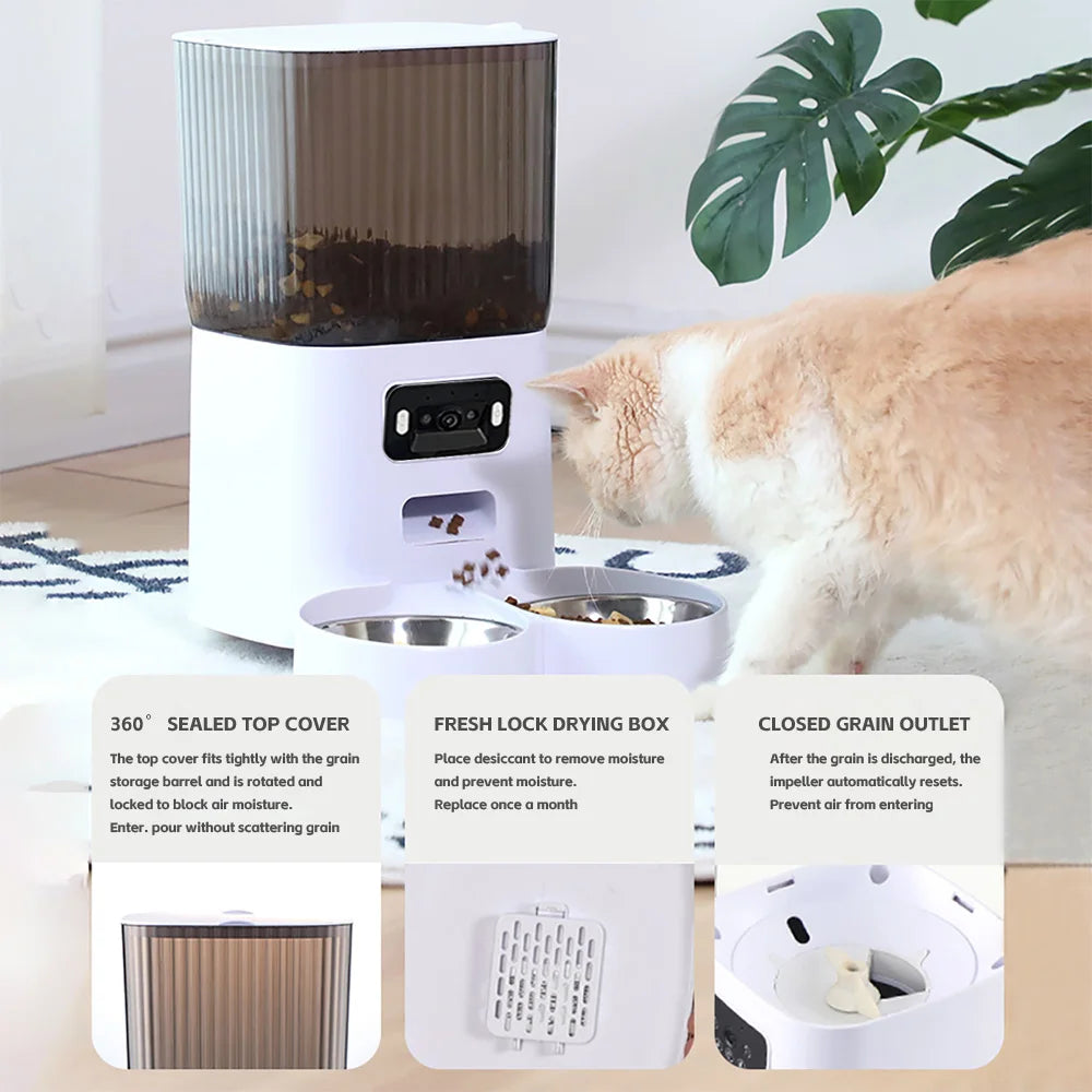 Pet food dispenser with a cat in the background, featuring text labels on a light background.
