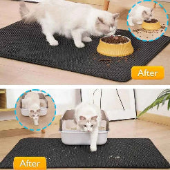 Cat using a black mat to eat from a bowl and a litter box, with 'After' labels indicating cleanliness.