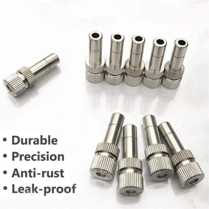 Set of metal nozzles with text highlighting durability, precision, anti-rust, and leak-proof features on a white background.