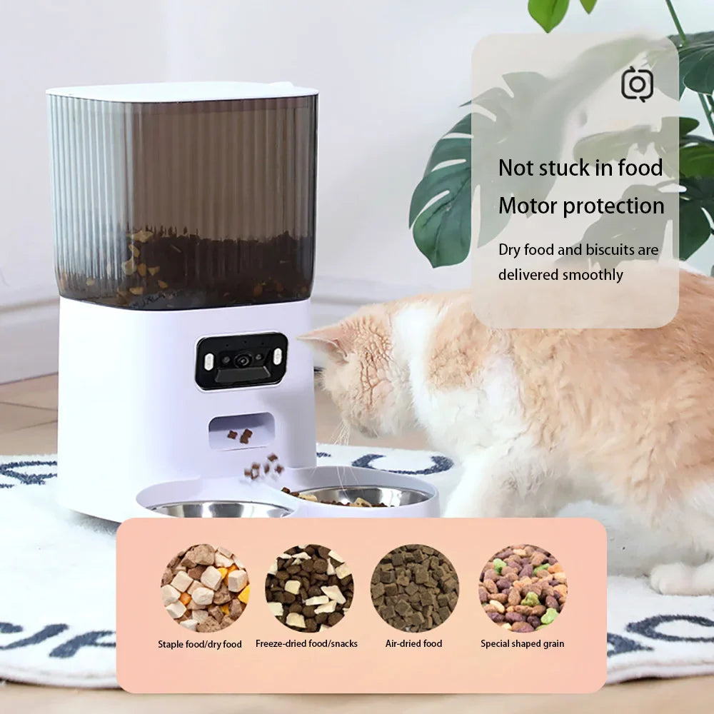 Pet food dispenser with a cat eating and text about motor protection and food types.