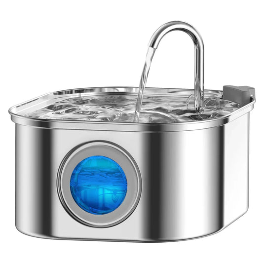 Stainless steel pet water fountain with blue light on a white background