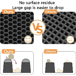 Comparison of product design with 'Ours' and 'Others' labels, highlighting no surface residue and easier drop feature.