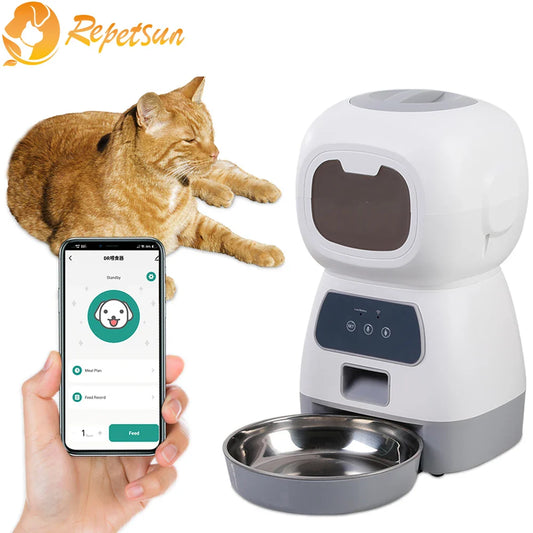 Pet feeder with smartphone app, cat, and Repetsun logo on a white background