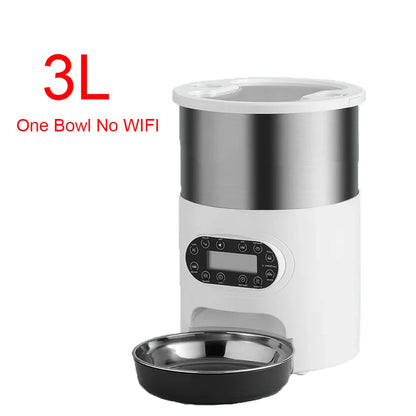 White and silver pet feeder with digital display on a white background, labeled '3L One Bowl No WIFI'.