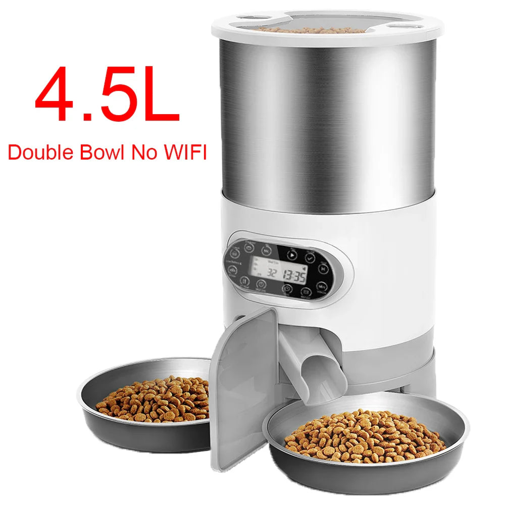 Pet food dispenser with two bowls of kibble, labeled '4.5L Double Bowl No WIFI'.