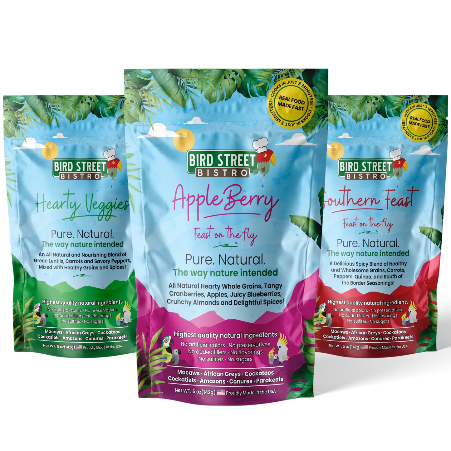 Three packages of Bird Street Bistro pet food on a white background