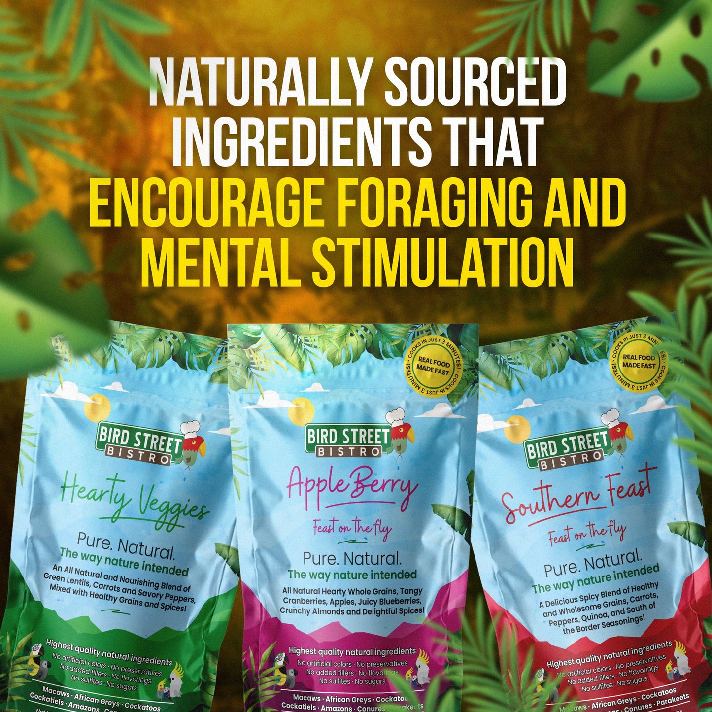 Three packages of Bird Street Bistro pet food with text highlighting naturally sourced ingredients.
