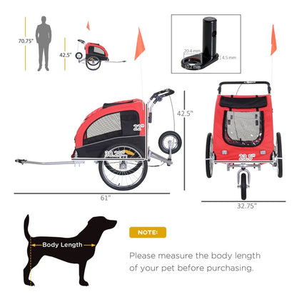 Red and black pet bike trailer with dimensions and measurements on a white background
