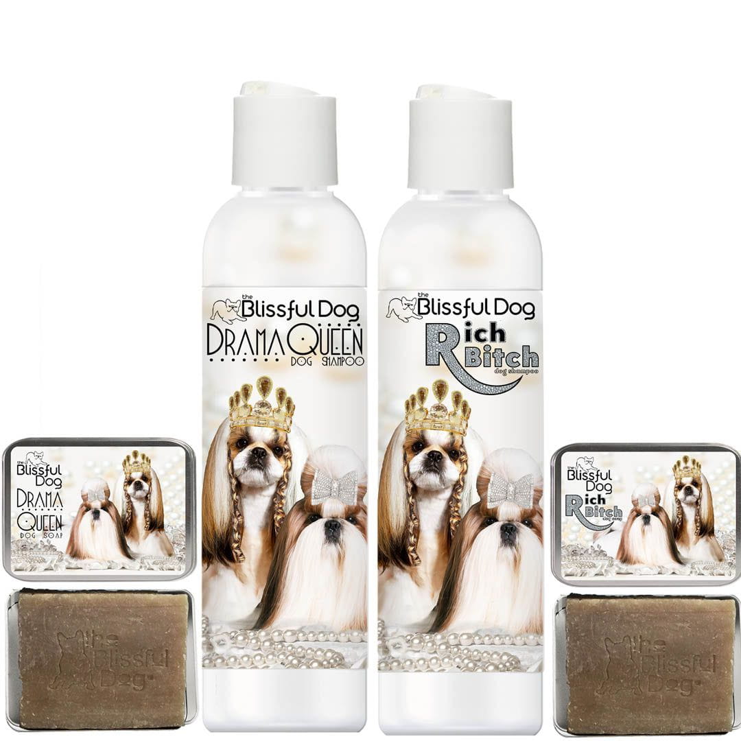 Two bottles of 'Blissful Dog' shampoo with decorative boxes and soap bars on a white background.