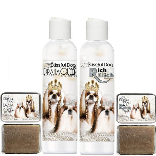 Two bottles of 'Blissful Dog' shampoo with decorative boxes and soap bars on a white background.