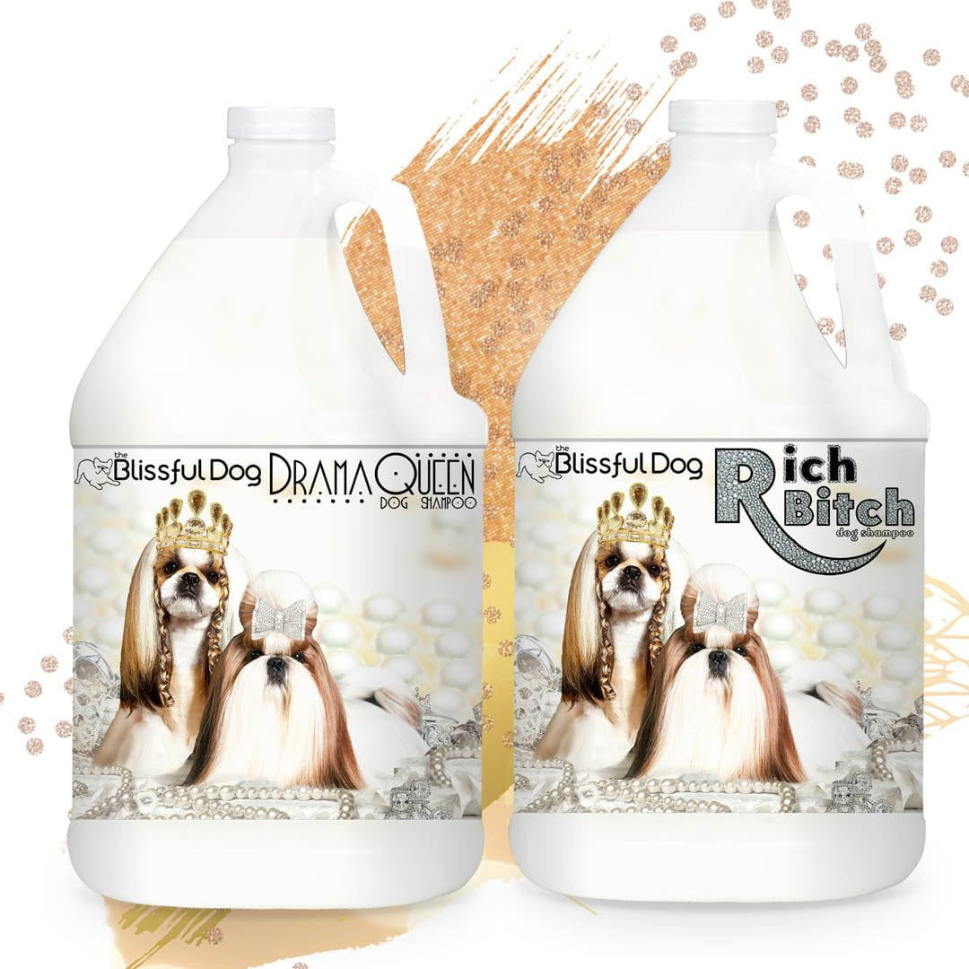 Two bottles of 'Blissful Dog' shampoo with humorous labels featuring dogs in royal attire.
