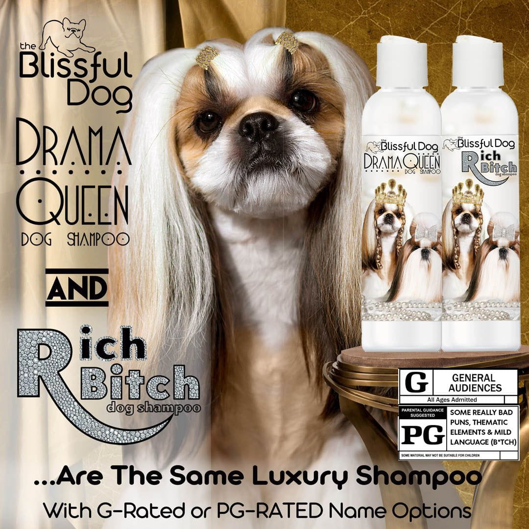 Dog shampoo bottles labeled 'Blissful Dog' with a dog in a decorative headpiece on a gold background.
