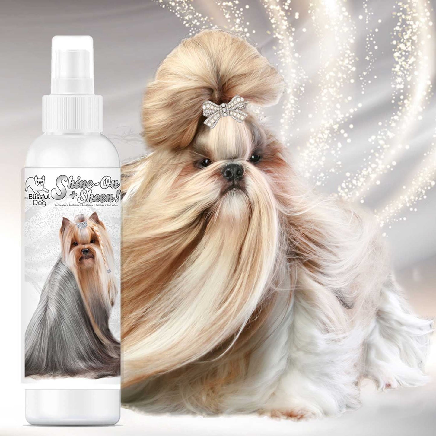 Dog with styled hair and a bottle of 'Shine Out' product on a sparkly background