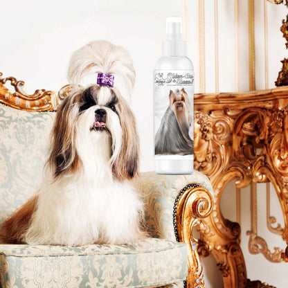 Dog with grooming product on an ornate chair