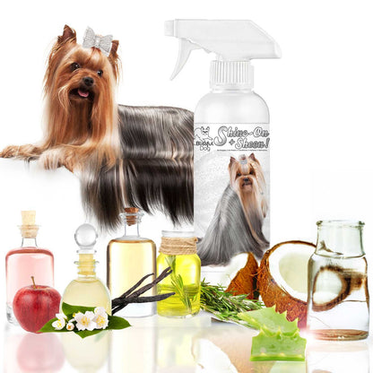 Dog grooming products including a spray bottle, oils, and ingredients on a white background