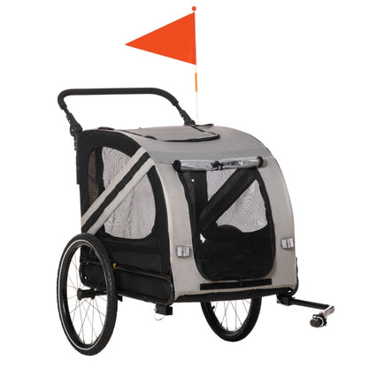 Pet bike trailer with a red flag on a white background