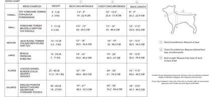 Dog sizing chart with measurements for various breeds