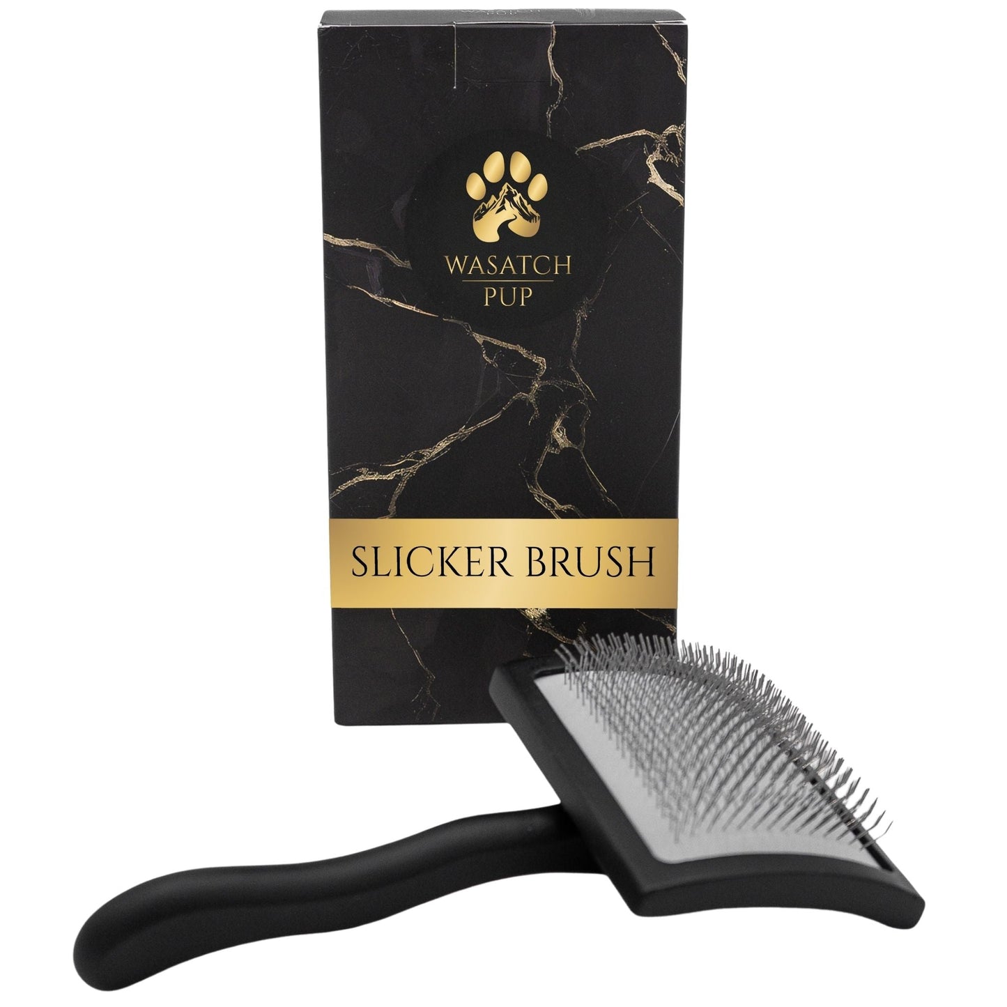 Black slicker brush with marble-patterned packaging featuring 'Wasatch Pup' branding.