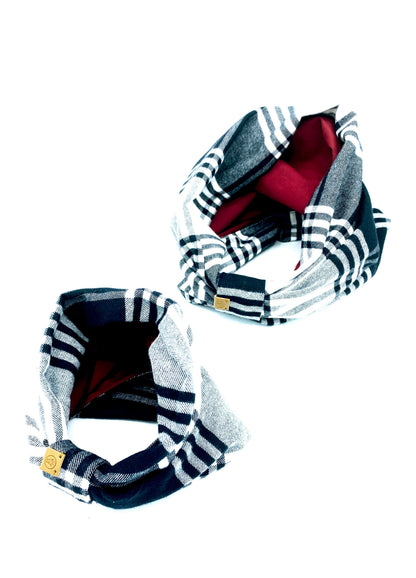 Two plaid headbands with red and black accents on a white background