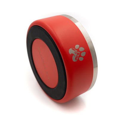 Red and black pet toy with a paw print logo on a white background