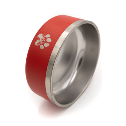 Red and silver ring with paw print design on a white background