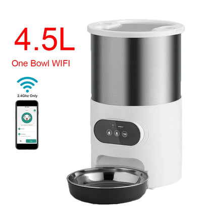 Pet feeder with 4.5L capacity and WiFi connectivity on a white background