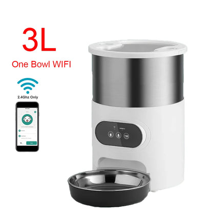 White and silver pet food dispenser with 3L capacity and Wi-Fi connectivity on a white background.