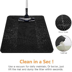 Black mat with a vacuum cleaner on top, showing cleaning process and text 'Clean in a Sec!'.