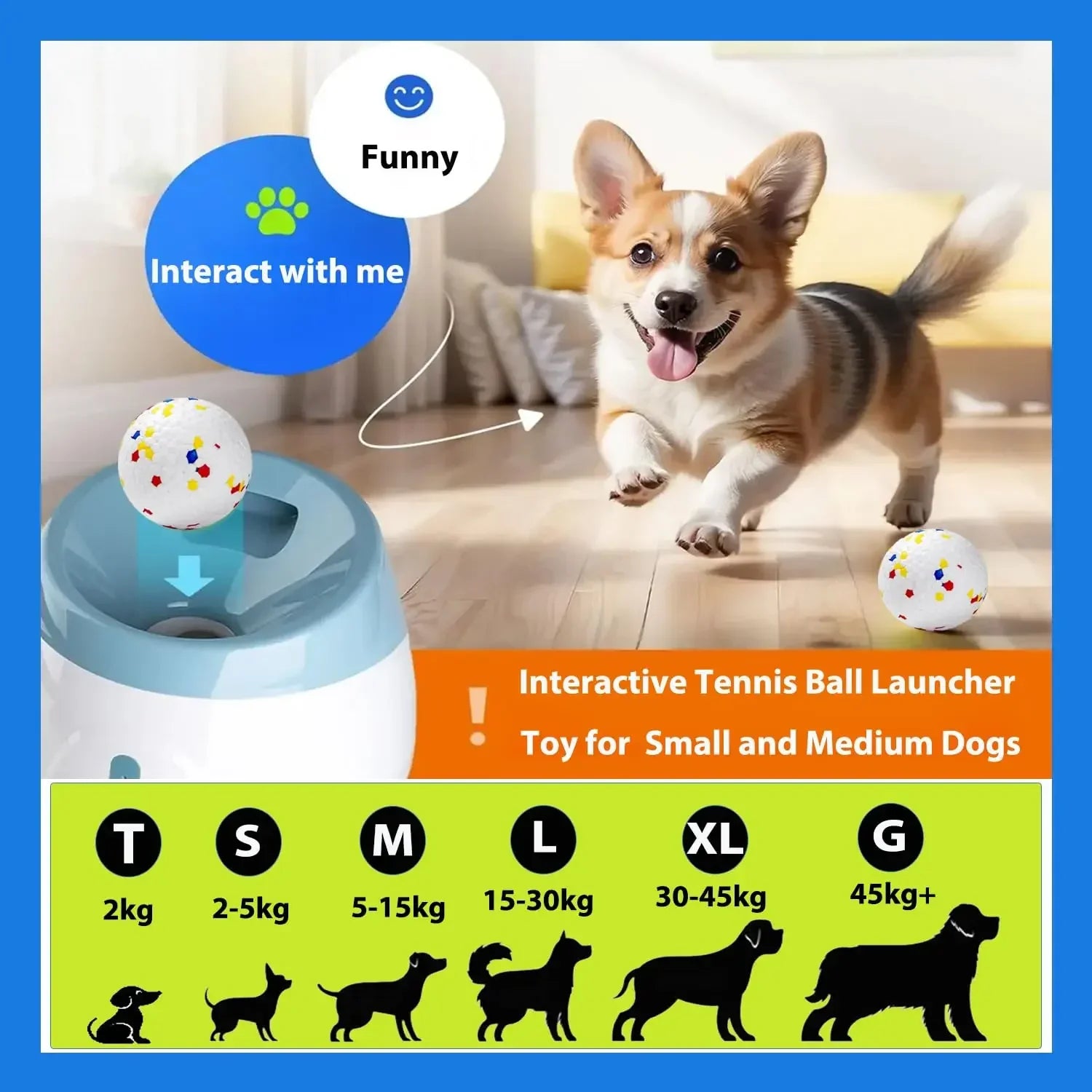 Interactive tennis ball launcher for dogs with a dog running towards it and size chart below.