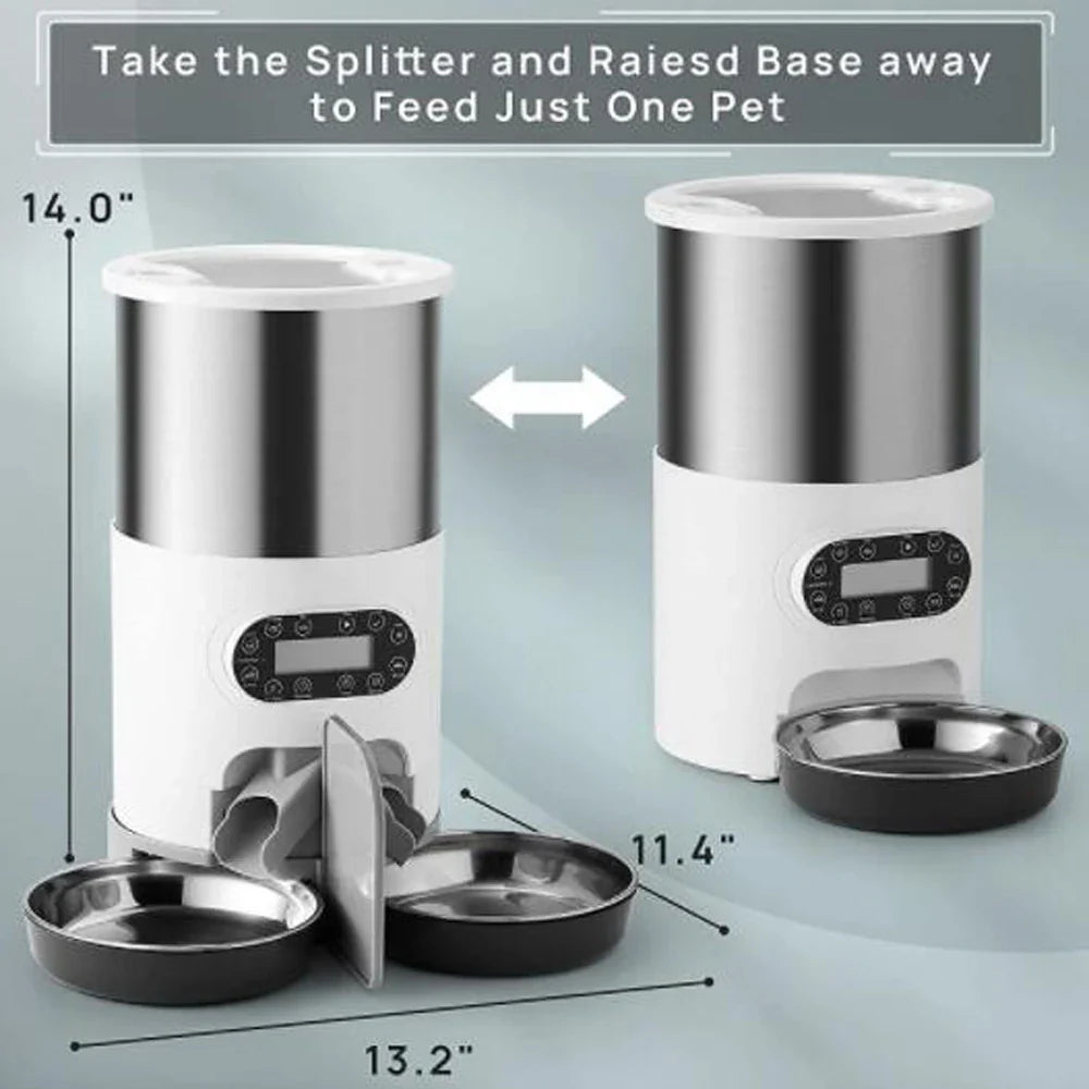 Pet feeder with adjustable components and measurements on a gray background
