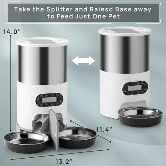 Pet feeder with adjustable components and measurements on a gray background
