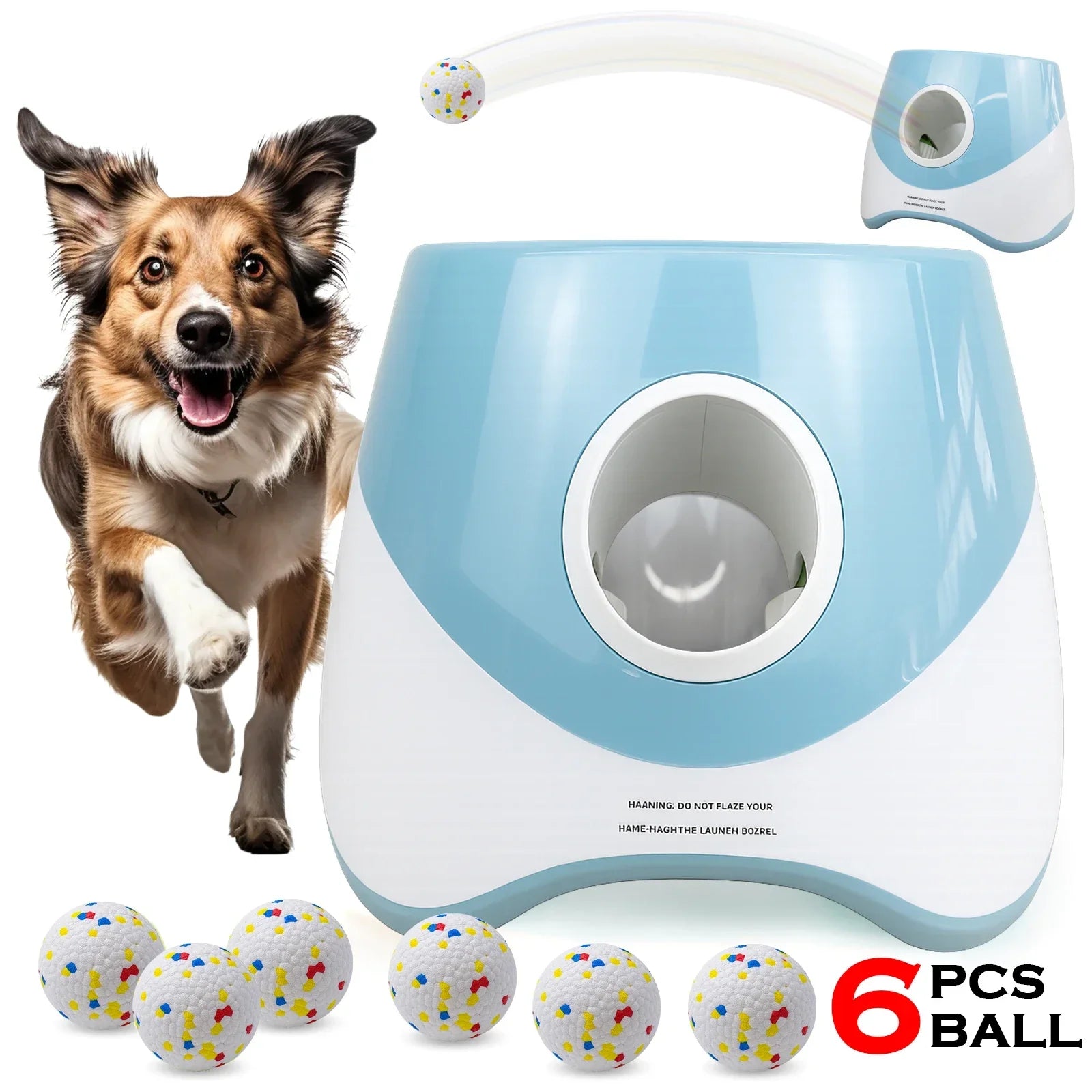 Pet toy device with a dog and colorful balls on a white background