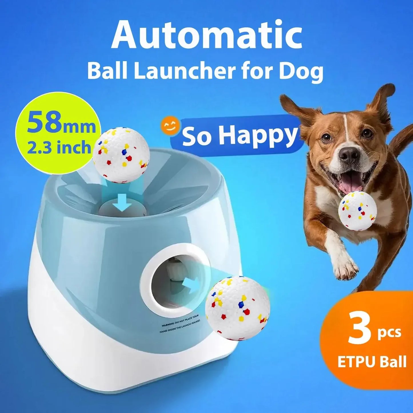 Automatic ball launcher for dogs with a dog running and a ball in its mouth on a blue background.