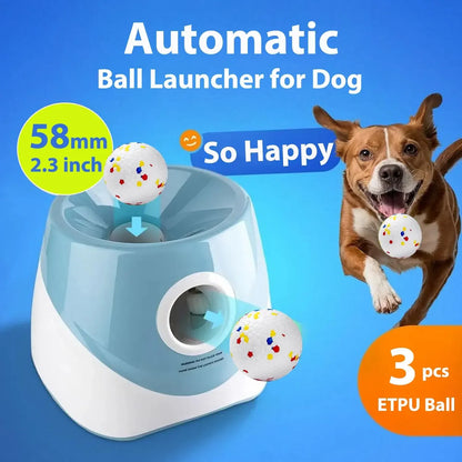 Automatic ball launcher for dogs with a dog running and a ball in its mouth on a blue background.