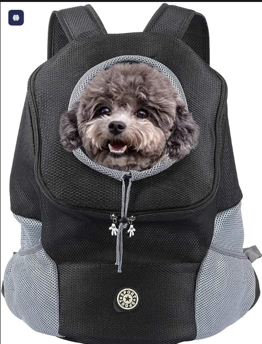 Black pet backpack with a small dog peeking out on a white background