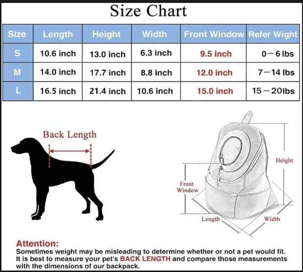 Size chart for a pet backpack with dimensions and weight guidelines.